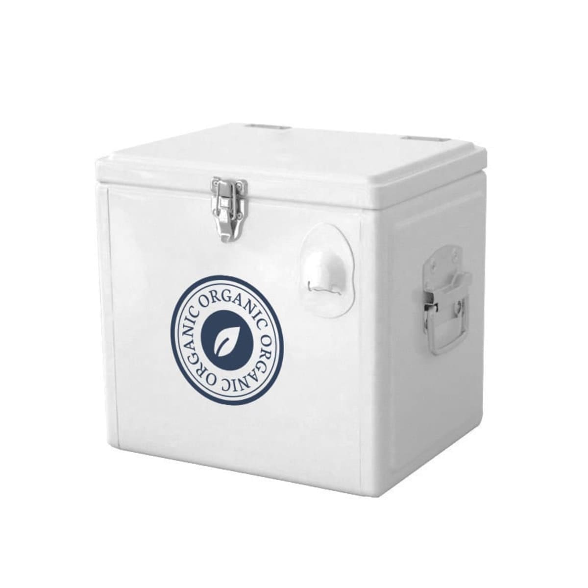White cooler box with ORGANIC label and handles on the sides.