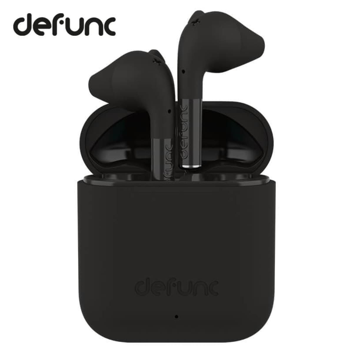 Black wireless earbuds in an open charging case with defunc branding visible.