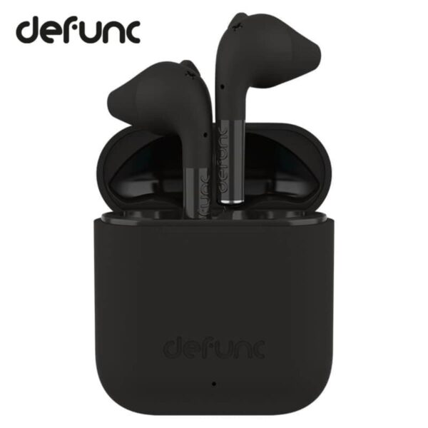 Black Defunc wireless earbuds in an open charging case, with the Defunc logo visible.