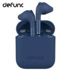 Blue wireless Defunc earbuds in an open charging case, with logo visible on both.