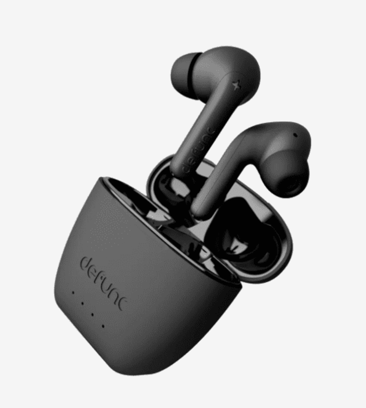 Black wireless earbuds in a matching charging case on a white background.
