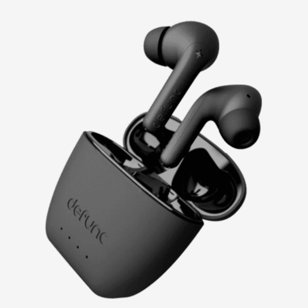 Black wireless earbuds in a matching charging case, angled on a plain white background.