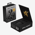 Black Defunc True Mute wireless earbuds in open and closed packaging.