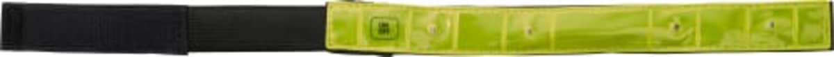A close-up view of a two-toned belt, featuring a black fabric section on the left and a lime green, shiny material with silver eyelets on the right.