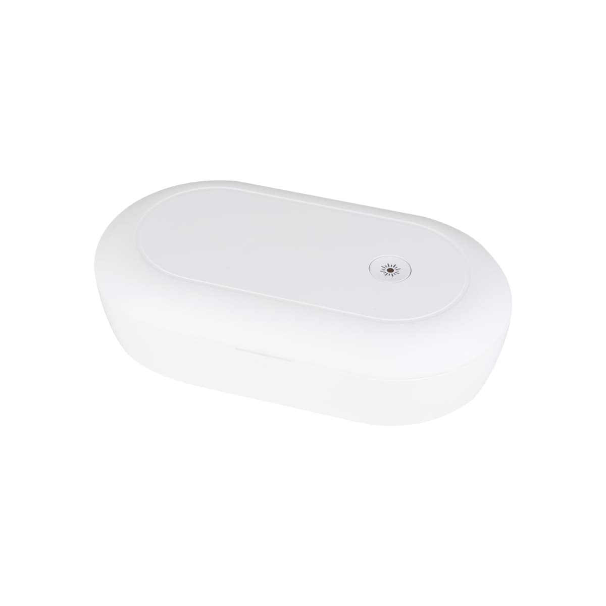 White oval electronic device with a small circular button on top.