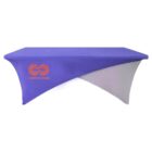 Purple and gray table cover with a logo and Company Name printed on it.