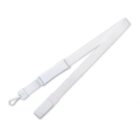 White adjustable shoulder strap with a plastic hook on one end and an adjustable slide on the other, suitable for bags or cameras.