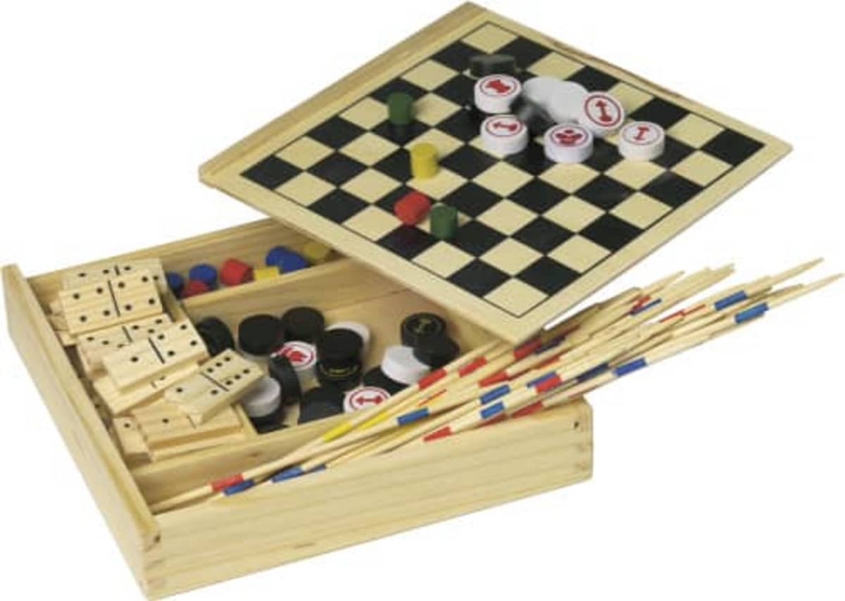 Wooden game box with checkers, dominoes, sticks, and dice.