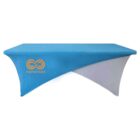 Table with blue and white fitted cover featuring an orange logo on the side.
