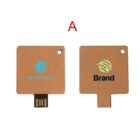 Two square brown USB drives with different brand logos and designs.