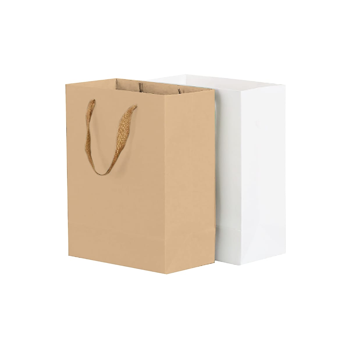 Brown and white shopping bags with rope handles on a white background.