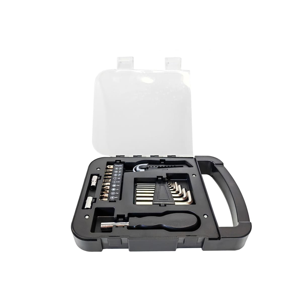 Tool kit with various bits, wrenches, and screwdriver in an open black case.