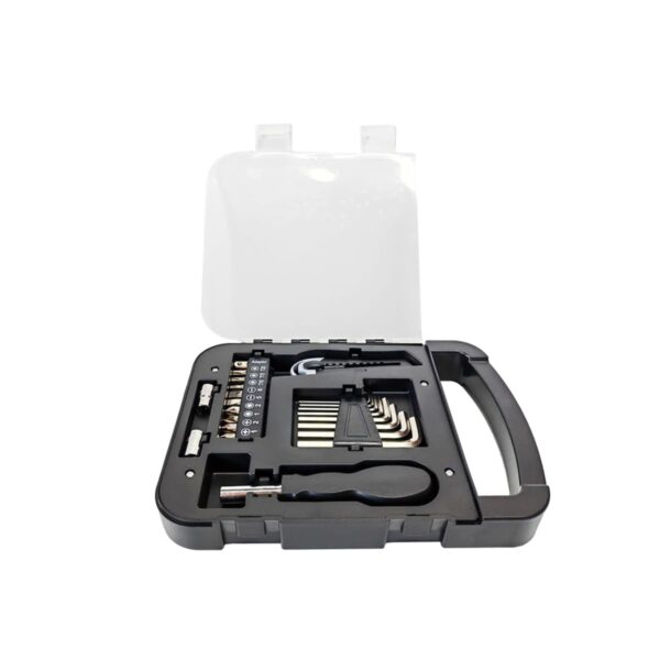 Tool set in open black plastic box with various screwdrivers and bits.
