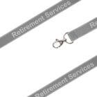 Gray lanyard with the text Retirement Services repeated along its length. It has a metal swivel hook attachment for keys or ID badges. The lanyard is laid out diagonally across a white background.