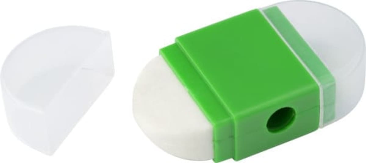 White oval eraser with a green holder and a clear, removed cap placed next to it.
