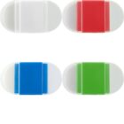Four oval-shaped plastic clips in white, red, blue, and green on a white background.