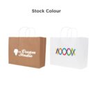 Two paper shopping bags with handles, one brown and one white, featuring colorful logos.