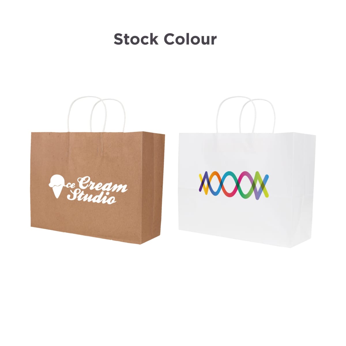 Two paper shopping bags with handles, one brown and one white, featuring colorful logos.