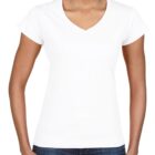 Woman wearing a plain white V-neck T-shirt and blue jeans, smiling.
