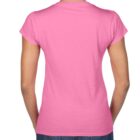 Person wearing a pink t-shirt and jeans, shown from the back against a white background.