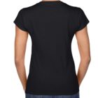 Woman wearing a plain black t-shirt and blue jeans, shown from the back.