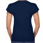 Woman wearing a plain navy blue t-shirt and jeans, seen from the back.