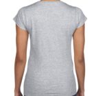 Woman wearing a plain gray t-shirt and jeans, shown from the back.