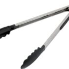Metal kitchen tongs with black silicone grips, open position.