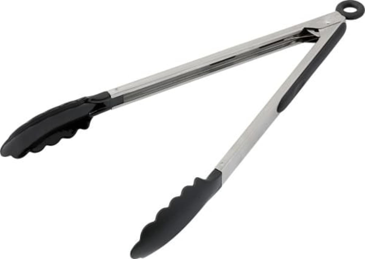 Metal kitchen tongs with black silicone grips, open position.
