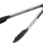 Metal kitchen tongs with black silicone tips and a locking ring.