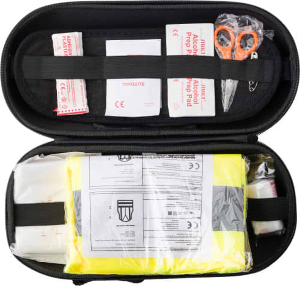First aid kit with scissors, alcohol pads, and emergency supplies in a black zippered case.