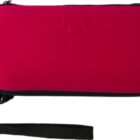Red oval-shaped case with black edges and a black strap.