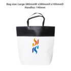 White tote bag with a black handle and a colorful abstract design.