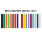 Image displaying 18 vertical rectangular color swatches labeled as common colors of nylon material. The colors include black, green, orange, red, purple, white, navy, blue, gray, pink, brown, yellow, gold, cyan, tan, light gray, beige, and dark gray.