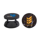 Two pop sockets with logos on them, one blue and one orange, on a white background.