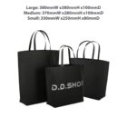 Three black shopping bags in different sizes with dimensions above.