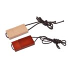 Two wooden USB drives with cords, one light wood, one dark wood, on a white background.