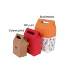 Three colorful cardboard boxes with different printing styles labeled: Screen print, UV print, Sublimation.