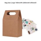 Brown paper gift bag with handle, surrounded by various colorful stickers.