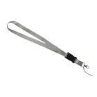 A gray nylon lanyard with a black plastic buckle and a metal clasp. It has a loop for attaching small items like keys or ID badges. The design is simple and functional.