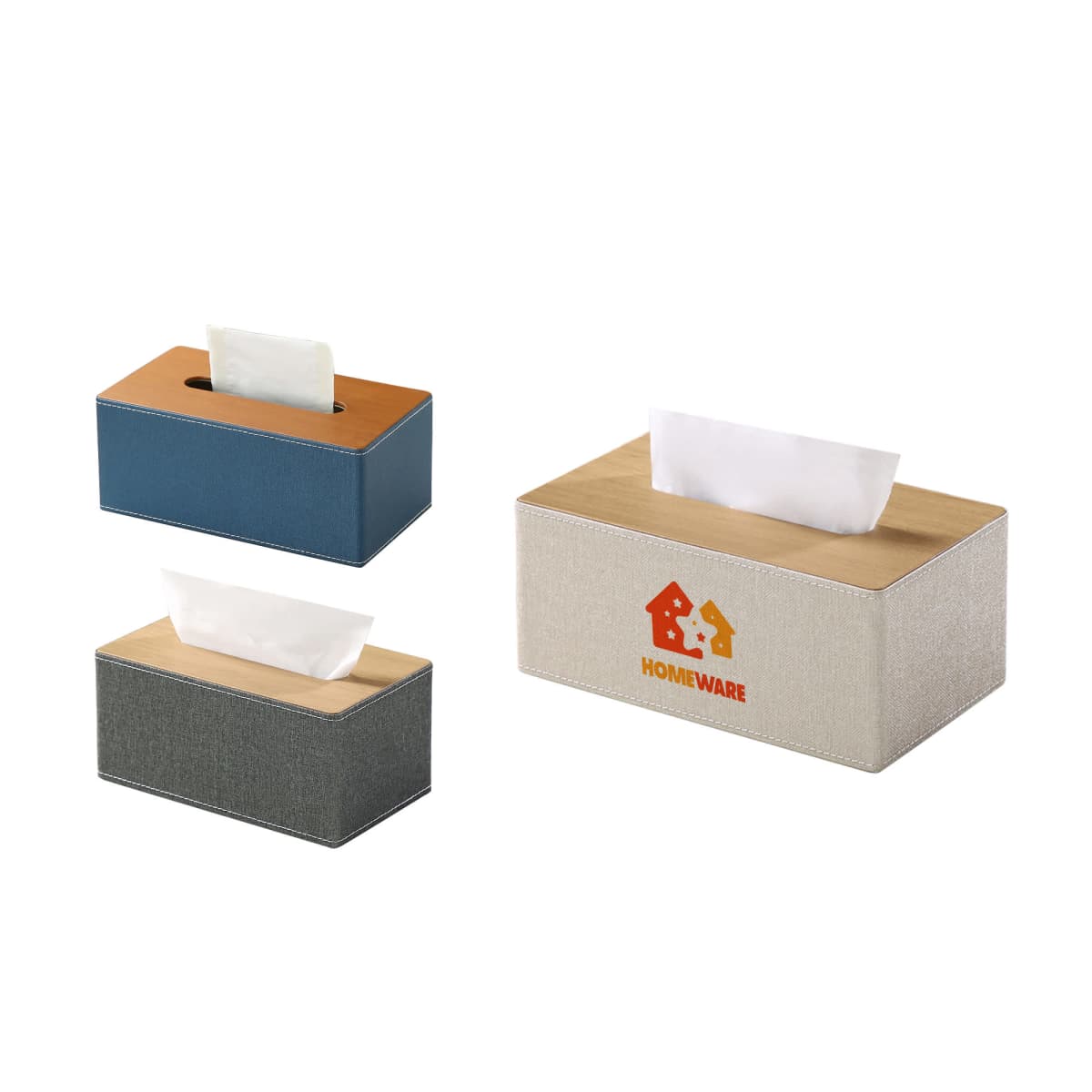 Three rectangular tissue boxes in blue, gray, and beige with wooden tops.