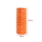 Orange foam roller with textured surface, measuring 14cm by 33cm.