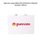 White shopping bag with passioi logo and size details above.