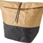 Brown and black fold-top bag with a drawstring closure.