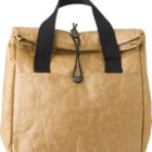 A brown paper bag with black handles and a button clasp.