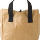 A brown crumpled paper lunch bag with black handles.