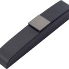 Black rectangular watch box with a padded lid and a flat, square top.