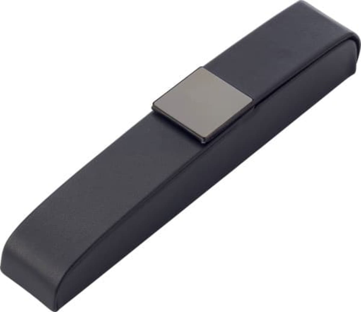 Black rectangular watch box with a padded lid and a flat, square top.