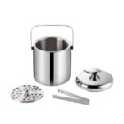 Stainless steel ice bucket set with lid, tongs, and strainer.
