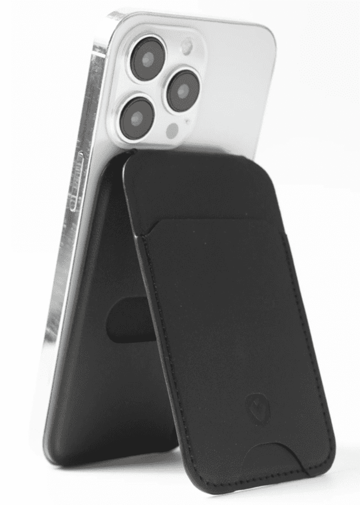 A phone with a black magnetic wallet stand attached to its back, standing upright.
